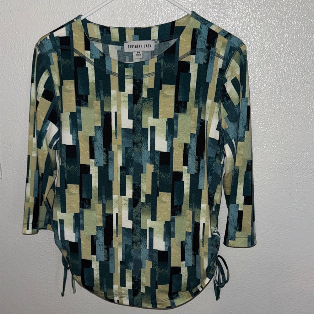 Southern Lady Abstract Print Long Sleeve Top - Green and Black